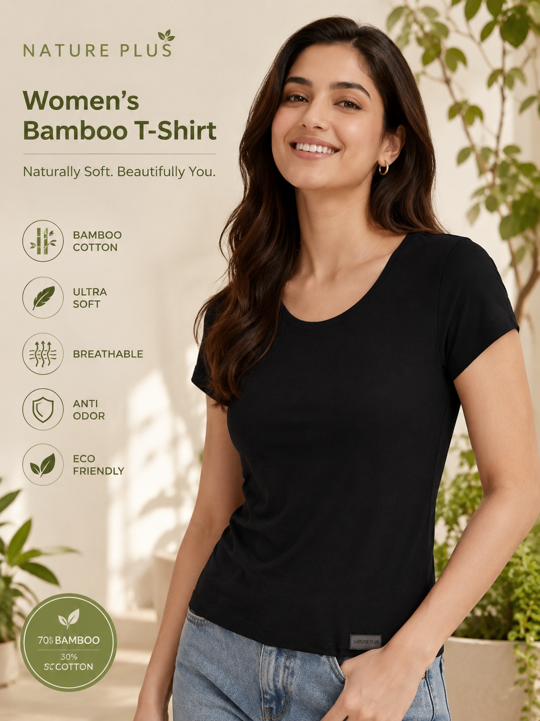 Nature Plus Women's Lightweight Black Bamboo Half Sleeve T-Shirts Made for Indian Summers
